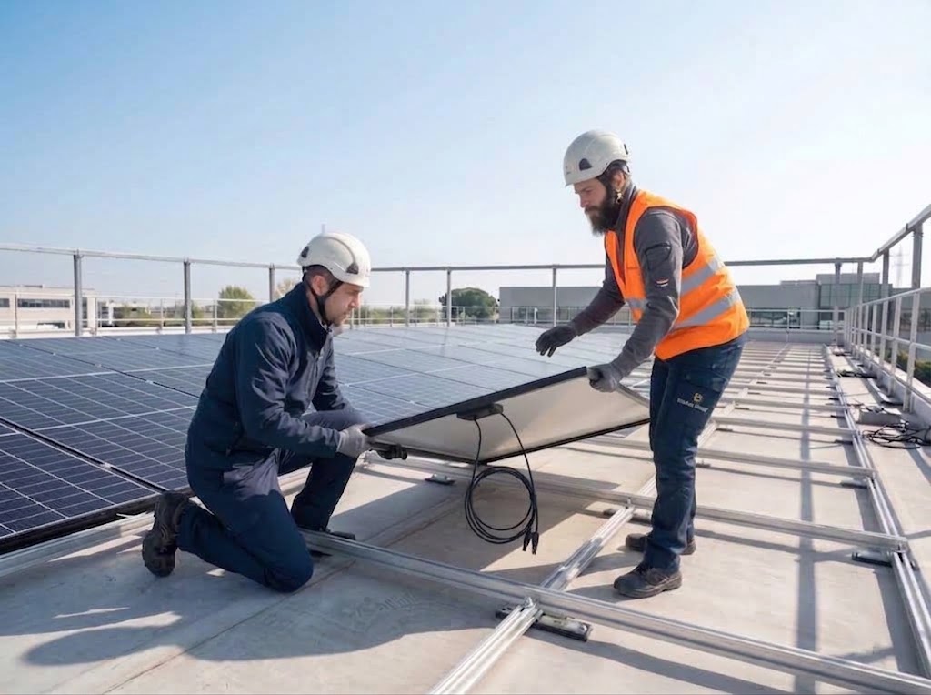 Installatori qualificati con abiti OfficineSolari.it su tetto fotovoltaico